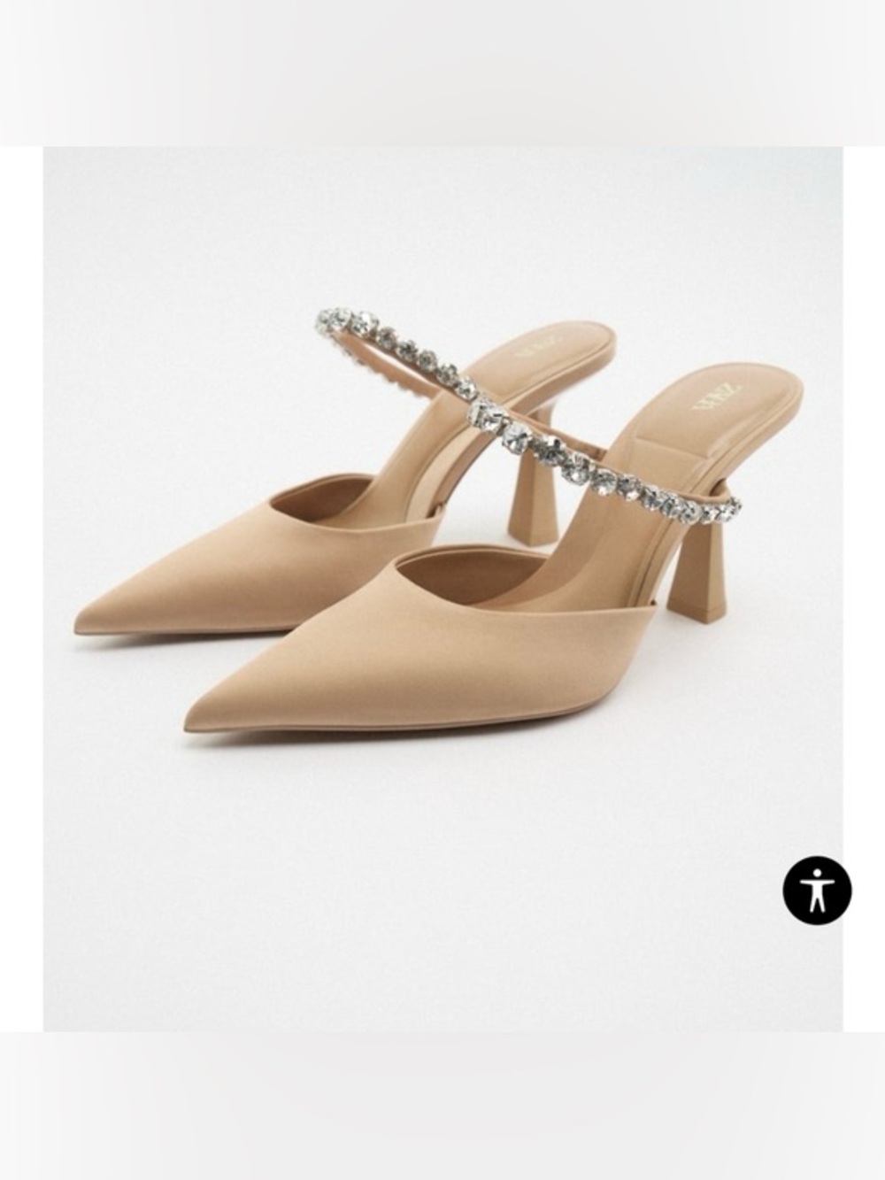 Zara Beige Pointed Toe‎ Mules with Crystal Strap - Picture 14 of 16